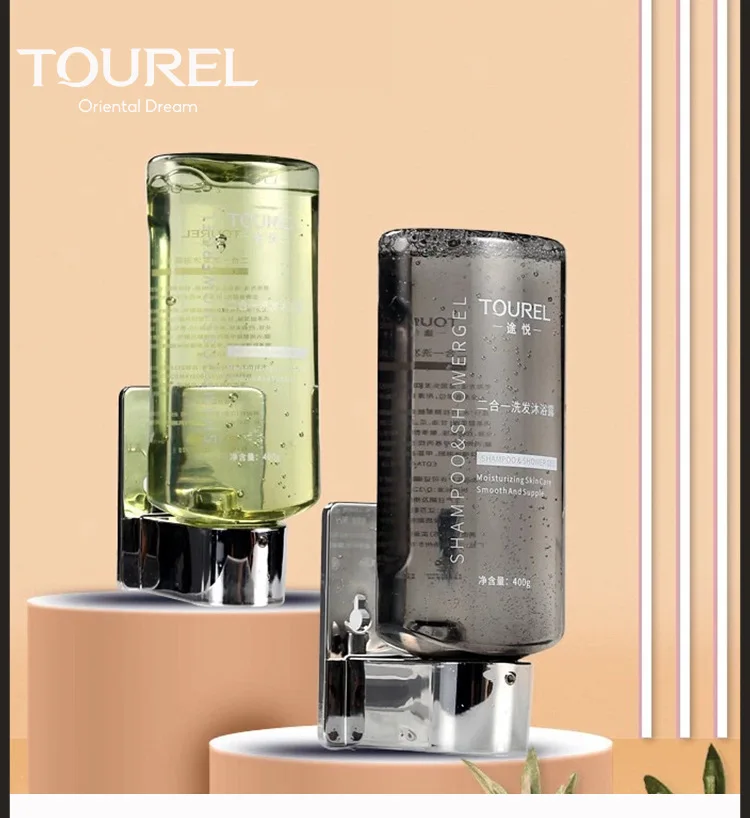 ชุดอุปกรณ์อาบน้ำสำหรับโรงแรมแบบติดผนังพลาสติก ขนาด 400ml รูปทรง M พร้อมแชมพูและเจลอาบน้ำแบบสอง-in-หนึ่งที่ปรับแต่งได้