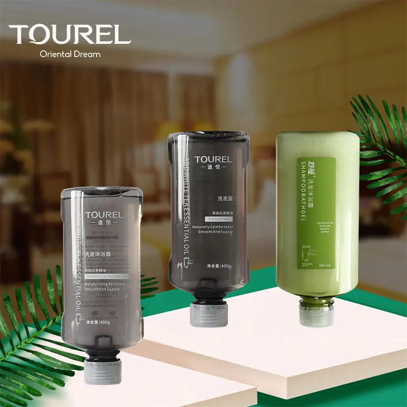 ชุดอุปกรณ์อาบน้ำสำหรับโรงแรมแบบติดผนังพลาสติก ขนาด 400ml รูปทรง M พร้อมแชมพูและเจลอาบน้ำแบบสอง-in-หนึ่งที่ปรับแต่งได้