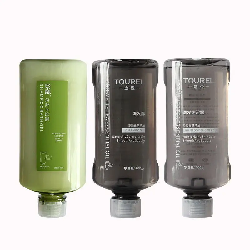 ชุดอุปกรณ์อาบน้ำสำหรับโรงแรมแบบติดผนังพลาสติก ขนาด 400ml รูปทรง M พร้อมแชมพูและเจลอาบน้ำแบบสอง-in-หนึ่งที่ปรับแต่งได้