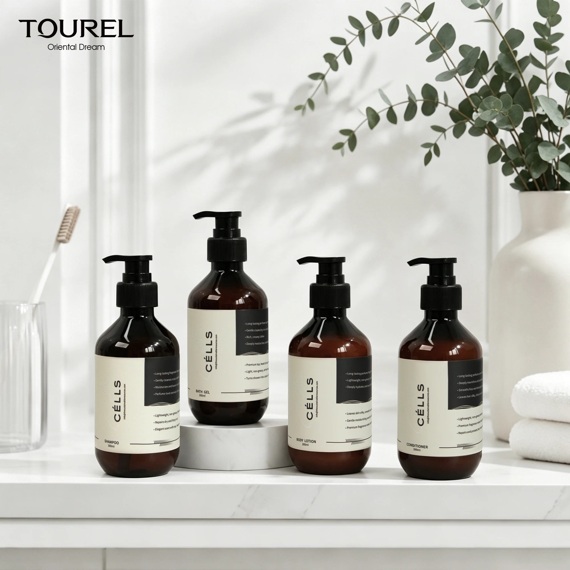 Fournisseur en gros d'articles de salle de bain d'h&ocirc;tel avec logo personnalis&eacute; Commande en gros 300 ml Ensemble gel douche et shampoing pour h&ocirc;tel spa