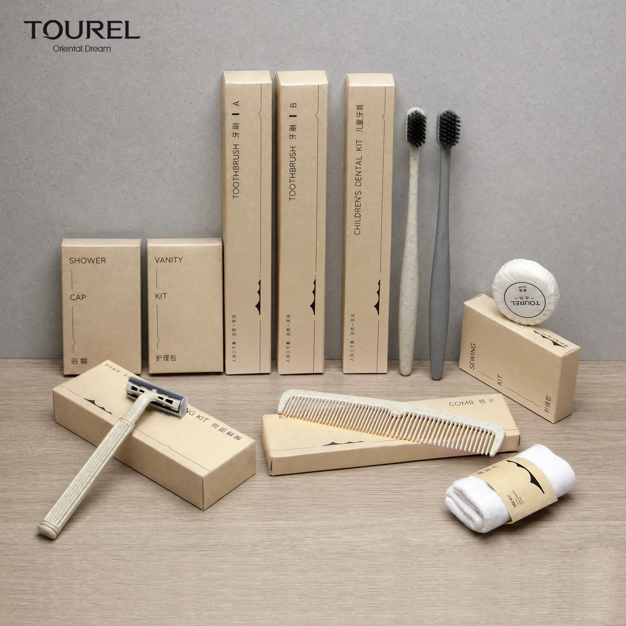 Eco Friendly Disposable Toiletries Kit Fsc Certified Sugarcane Paper Box Hotel Amenities Set With Kids Dental Kit