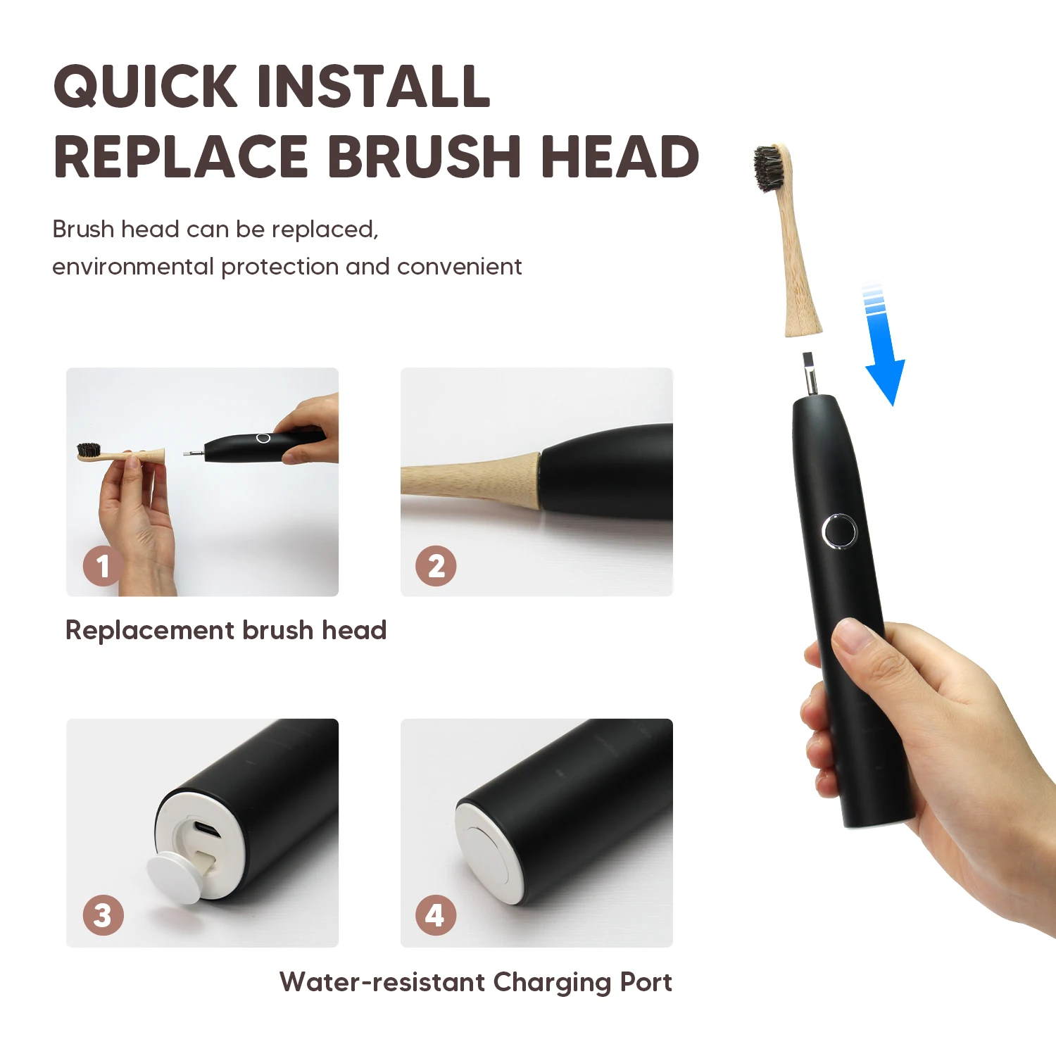 Custom Logo Eco Friendly Biodegradable Sonic Horse Hair Boar Hair Optional Bamboo Horse Hair Bristle Electric Toothbrush