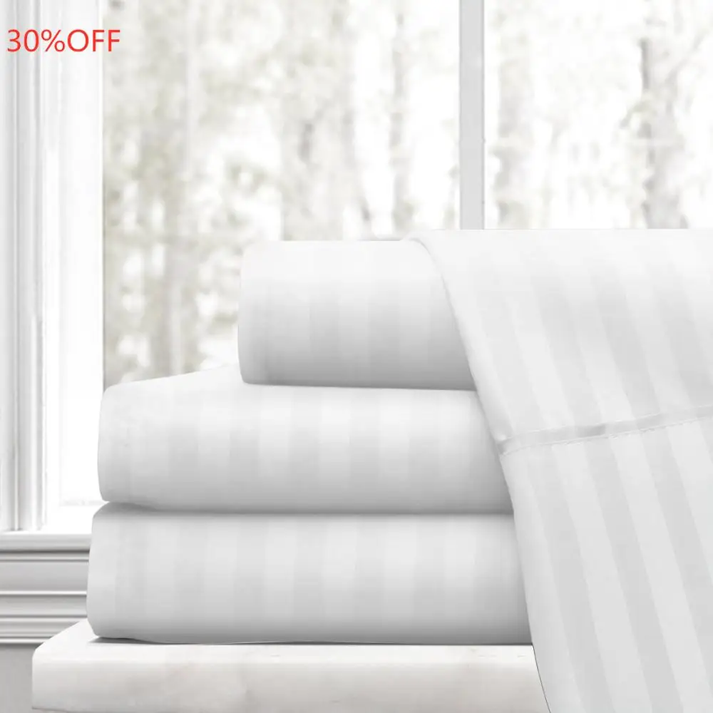 Wholesale 100% Cotton White Striped Bed Sheet Set Single Hospital/medical/hotel Fitted 4 Piece 300tc Thread Count For Weddings